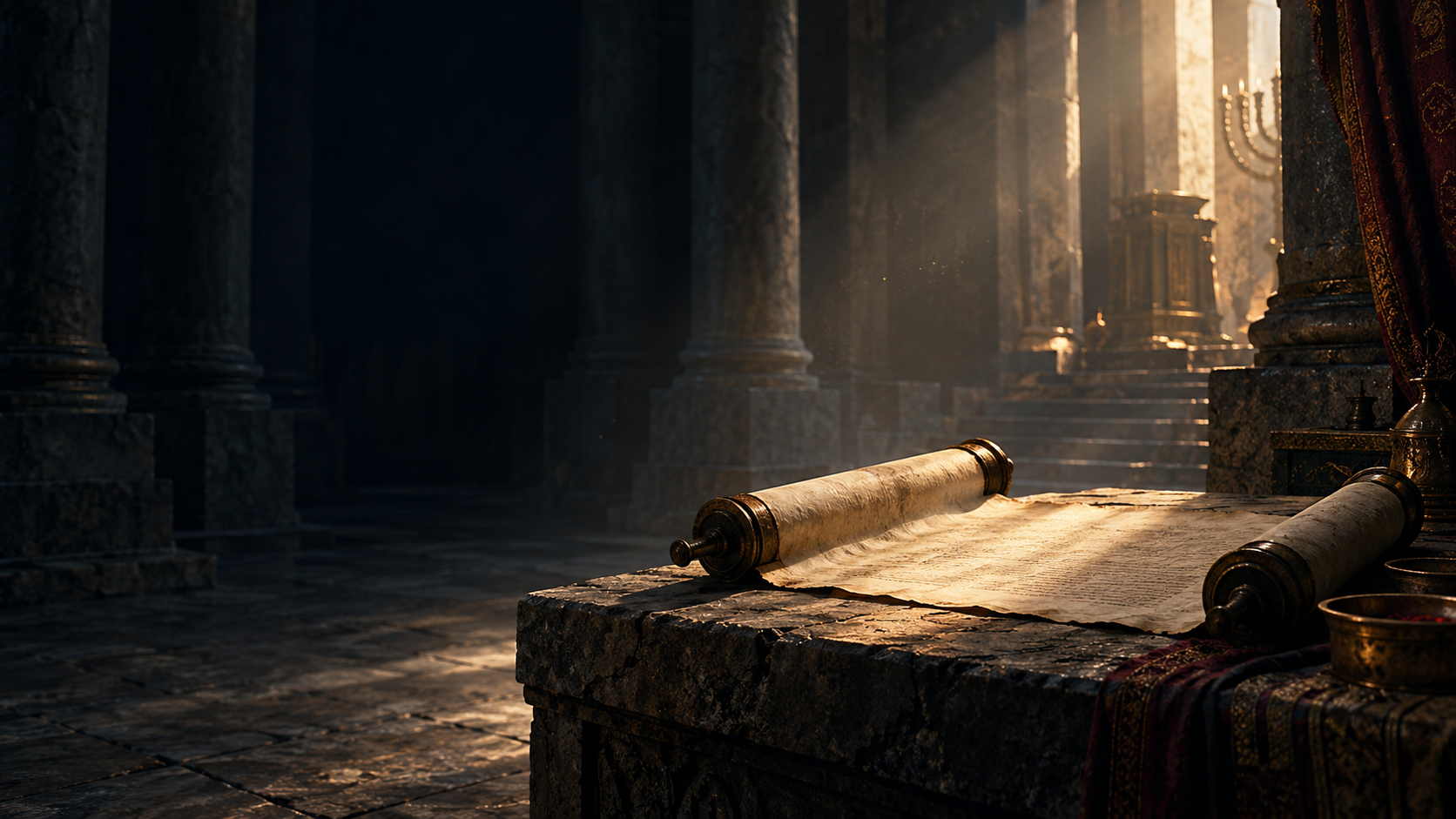 An ancient scroll illuminated inside a dark temple